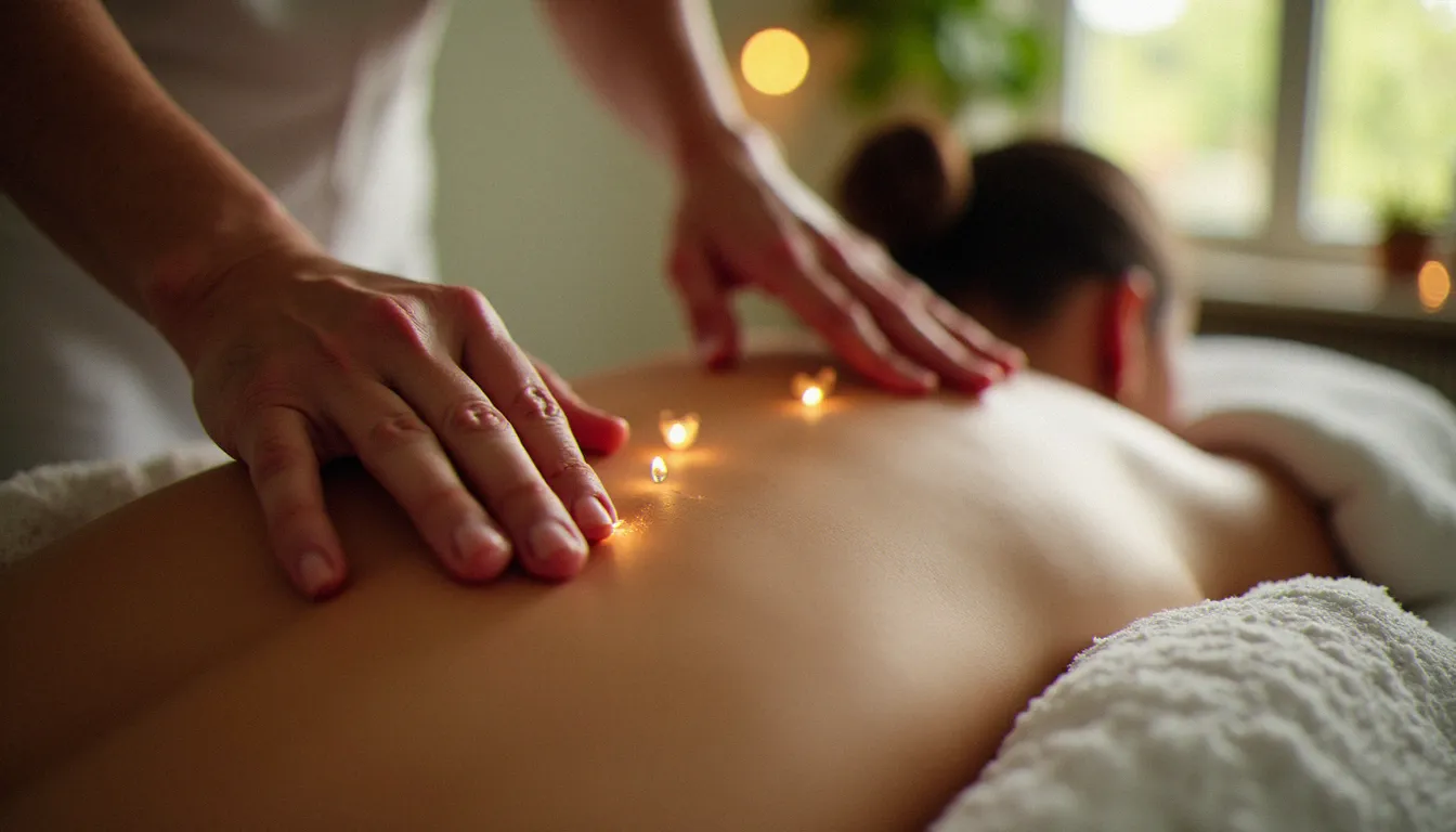 Gros plan sur une technique d'acupression dans le dos lors d'un massage asiatique, inspirée des soins Natureland Singapore