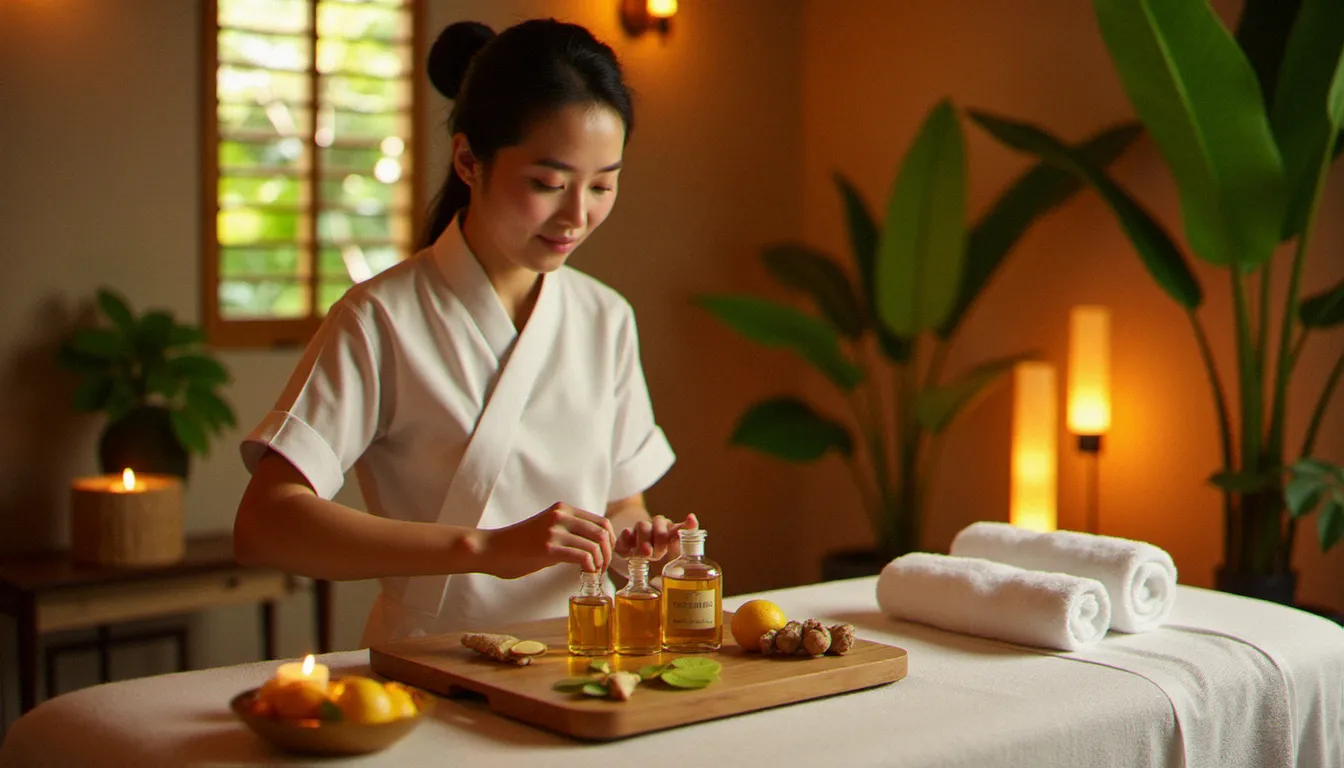 Salle de soin bien-être à Singapour évoquant le massage Natureland Singapore, avec huiles aromatiques et table de massage en lin blanc