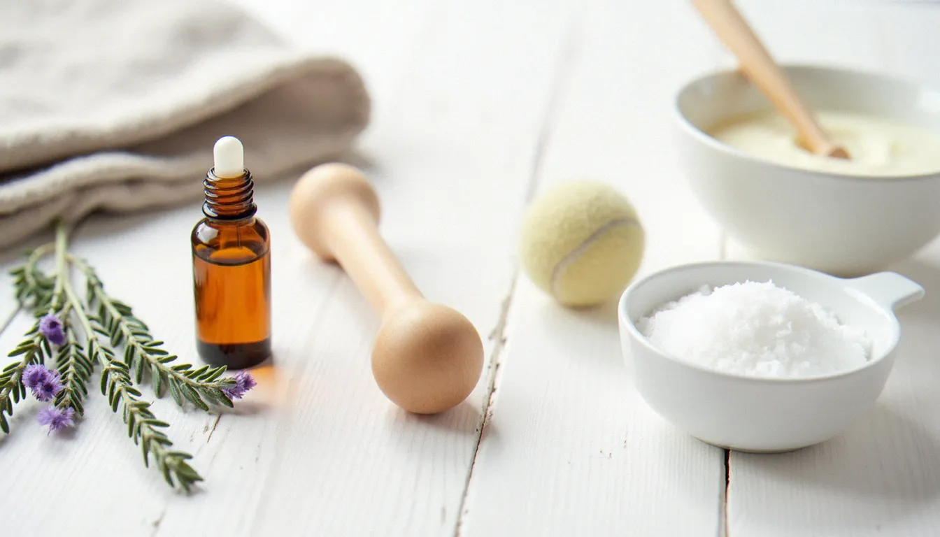 Ensemble d'outils pour un massage pied efficace à domicile : huile de jojoba, lavande, rouleau de massage, balle de tennis et sel d'Epsom disposés sur une surface blanche
