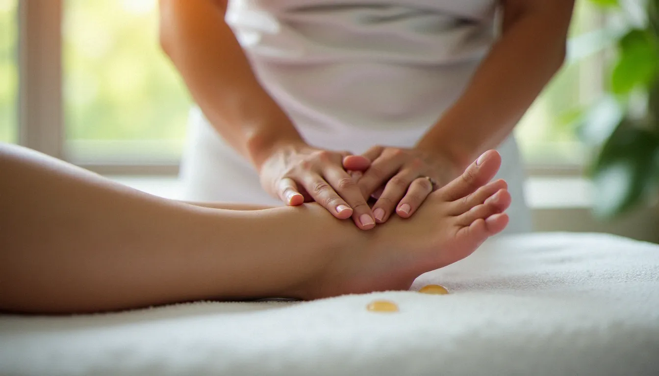 Praticienne réalisant un massage pied efficace sur une table de soin, huile de massage dorée sur la peau, lumière naturelle douce