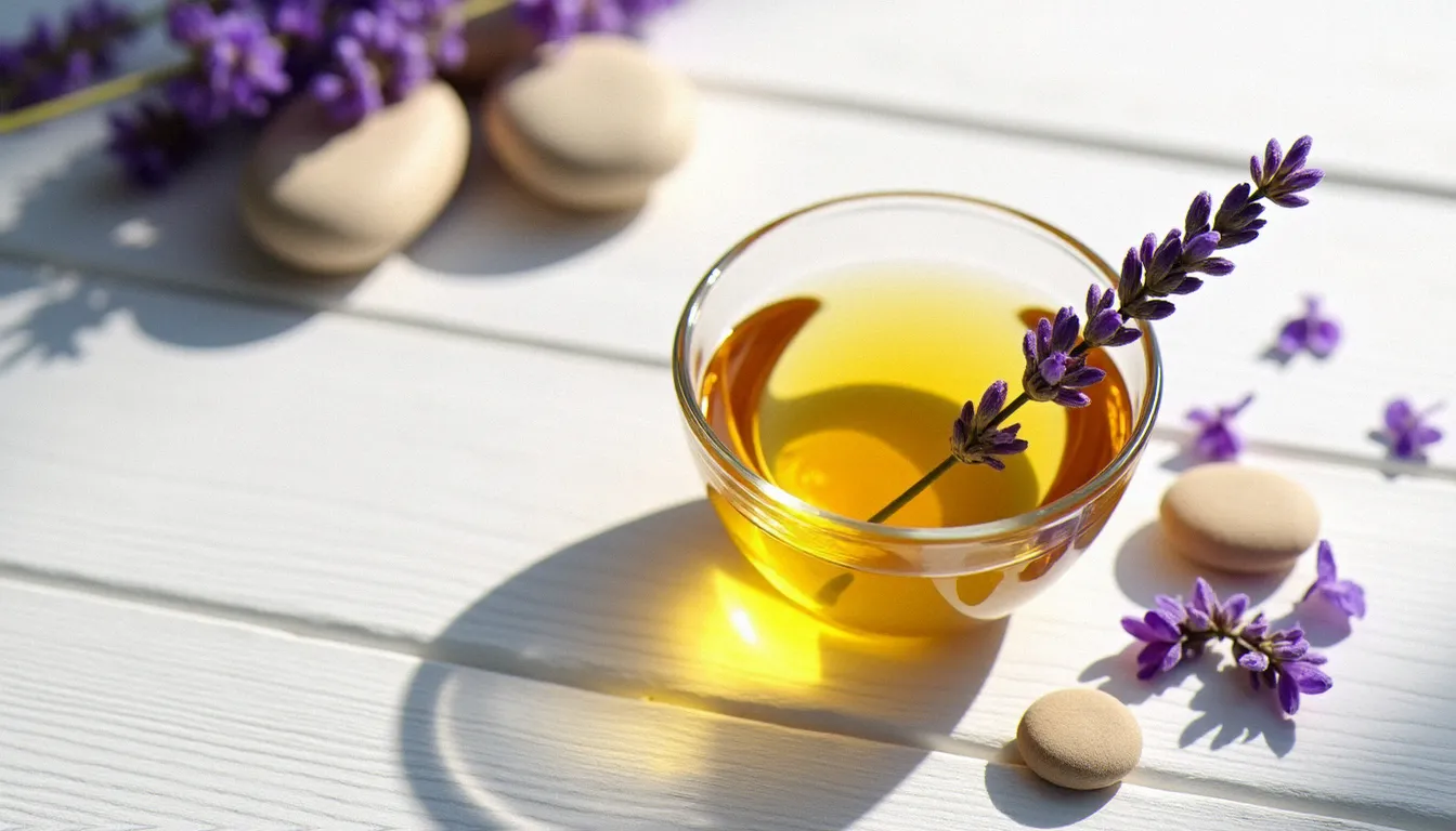 Huile de massage aromatique dans un bol en verre entouré de fleurs de lavande et de galets, représentant les ingrédients utilisés lors d'une séance de massage bien-être
