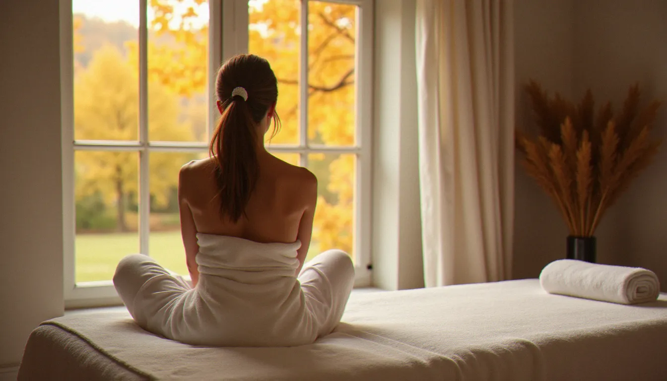 Une femme enveloppée dans un drap blanc après un massage, contemplant un paysage automnal depuis une fenêtre, dans un centre de bien-être à Vichy