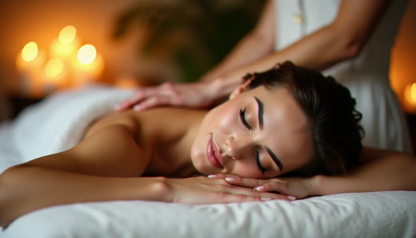 Une femme allongée sur une table de massage reçoit un massage du dos dans un espace bien-être lumineux et apaisant, illustrant les bienfaits du massage pourquoi pas