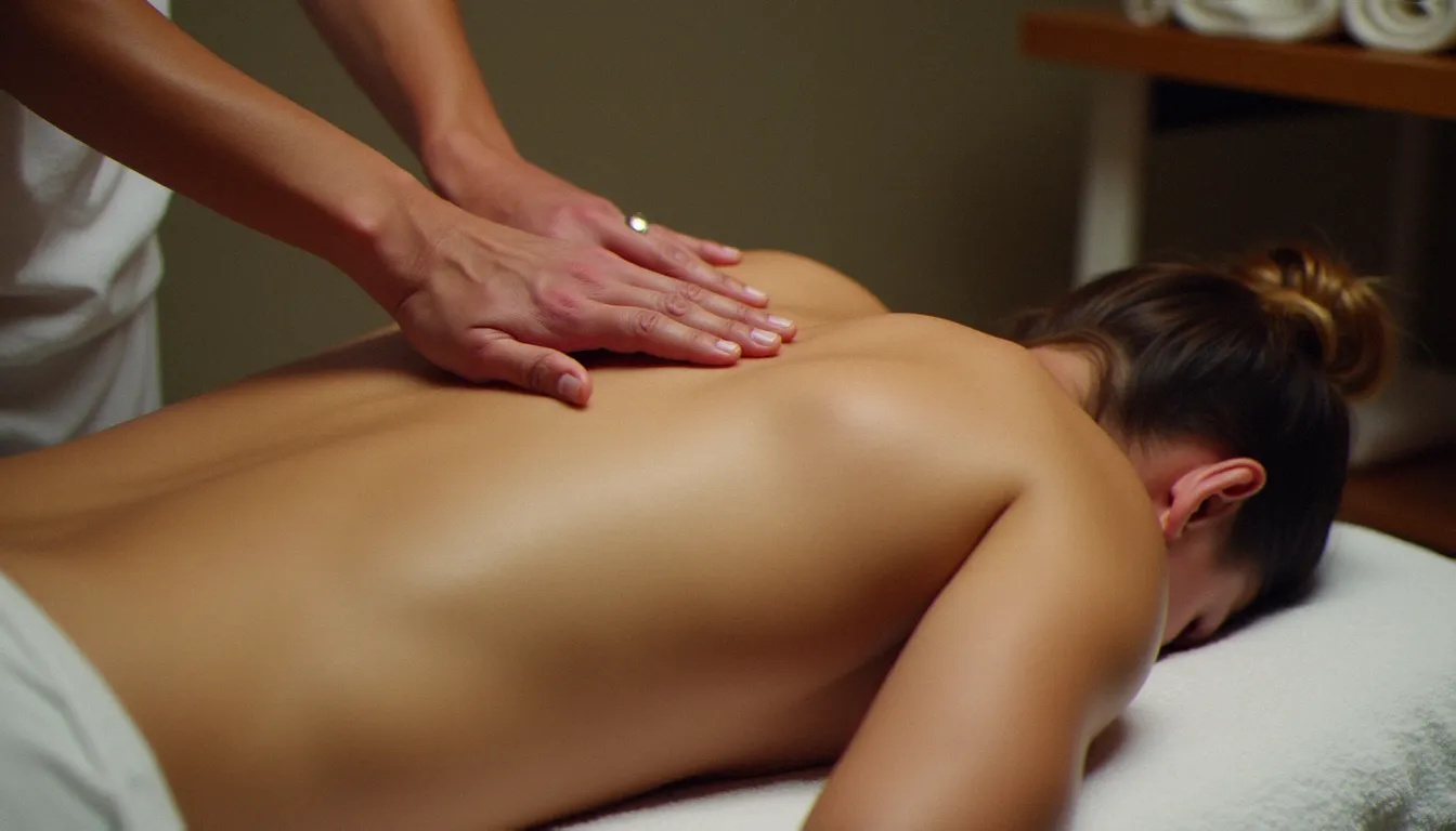 Massage thérapeutique sur les épaules — mains expertes appliquant une pression sur le dos avec de l'huile de massage dans un cabinet professionnel