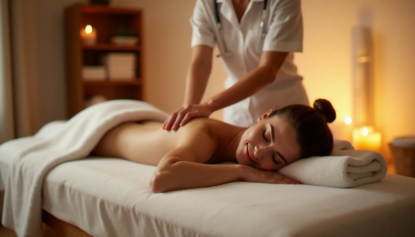 Séance de massage prix Bruxelles dans un cabinet bien-être — praticienne effectuant un massage du dos sur une table de soin blanche