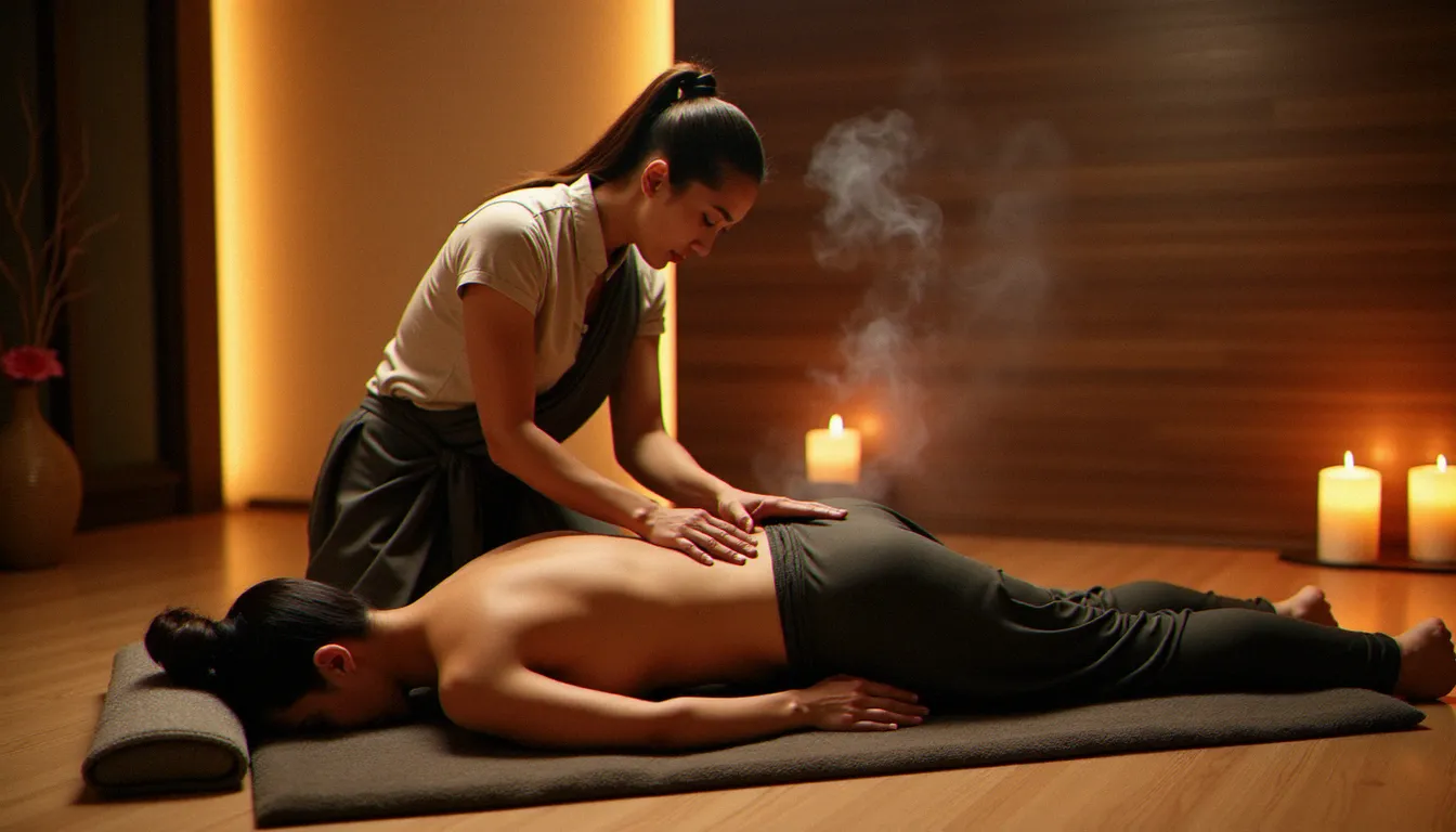 Praticienne réalisant un massage thaïlandais traditionnel sur un tapis au sol dans un studio zen, illustrant le massage prix Thaïlande