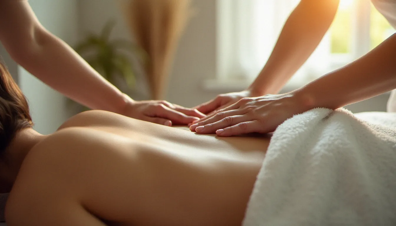 Gros plan sur des mains en position de survol lors d'une séance de massage sans contact dans un cabinet bien-être lumineux