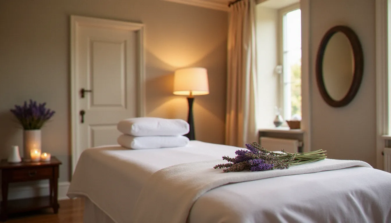 Cabine de soin bien-être vide et apaisante dans un bâtiment de style Belle Époque à Vichy, prête pour une séance de massage sans contact