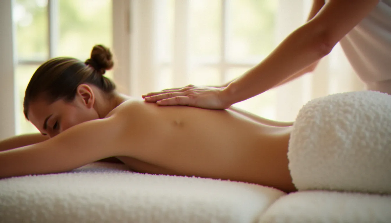 Praticienne réalisant un massage sans diplome de type bien-être sur le dos d'une cliente allongée sur une table de soin blanche dans un espace lumineux