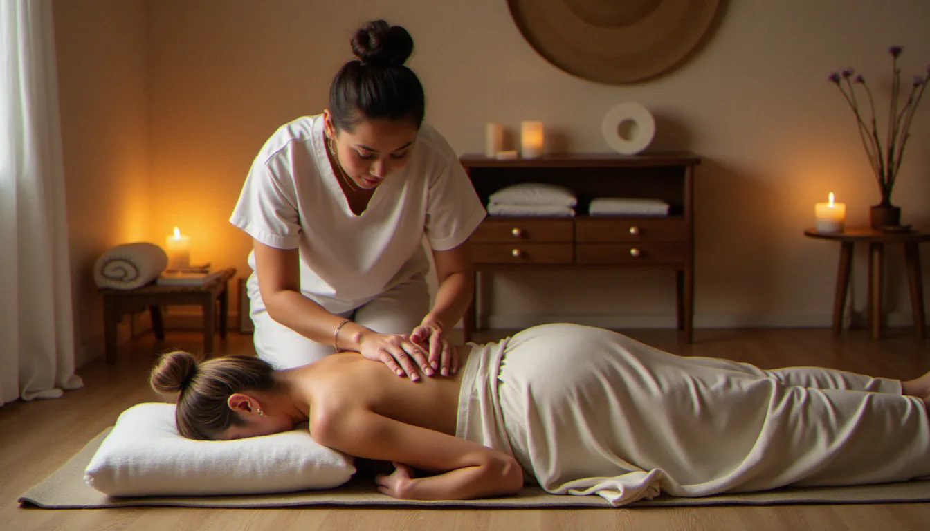 Femme en tenue souple recevant un massage thaï sans huile au sol, praticien guidant un étirement dorsal dans un espace bien-être chaleureux