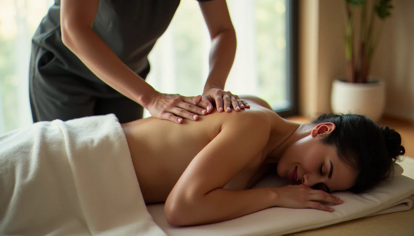 Praticienne réalisant un massage sans huile de type shiatsu sur une femme allongée sur un futon, dans un espace bien-être lumieux et apaisant