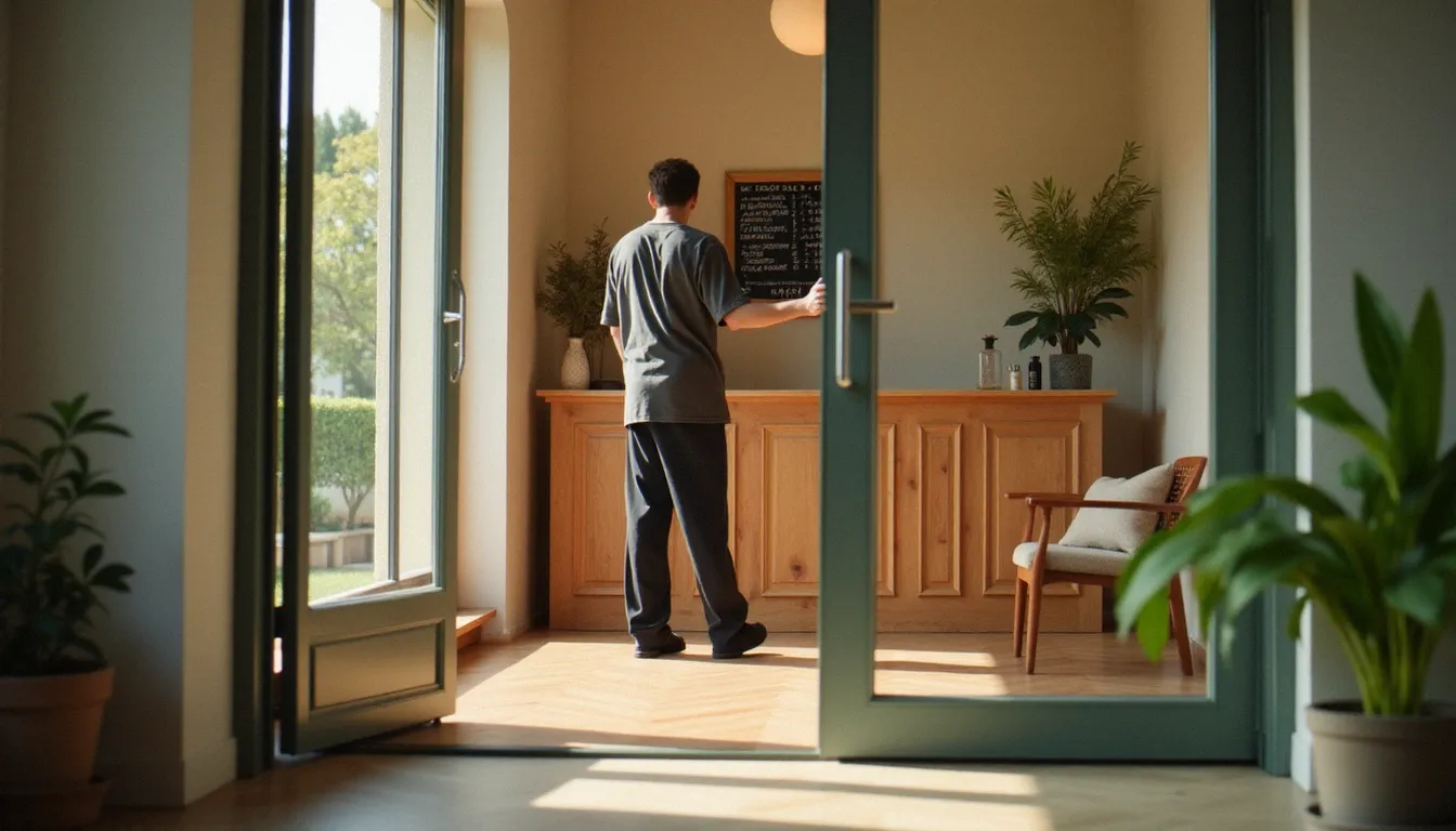 Entrée d'un cabinet de massage bien-être accueillant les clients sans rdv, avec un tableau de disponibilités visible à l'intérieur