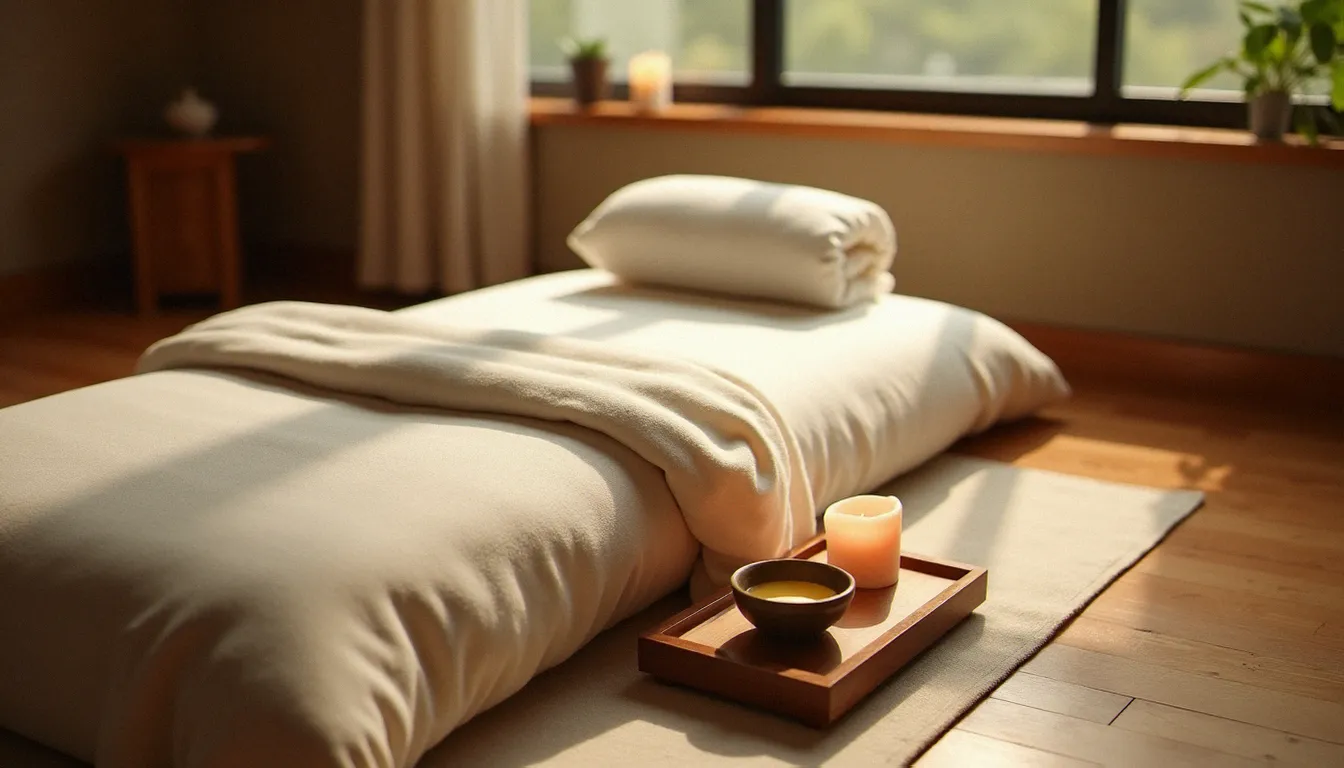 Espace de massage sans table préparé avec futon épais, draps pliés et huile de massage sur parquet chaleureux, lumière tamisée de fin d'après-midi