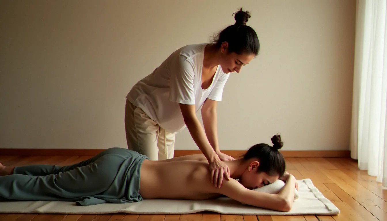 Praticienne aidant une cliente dans un étirement dorsal assis lors d'une séance de massage thaï, intérieur minimaliste et lumière douce