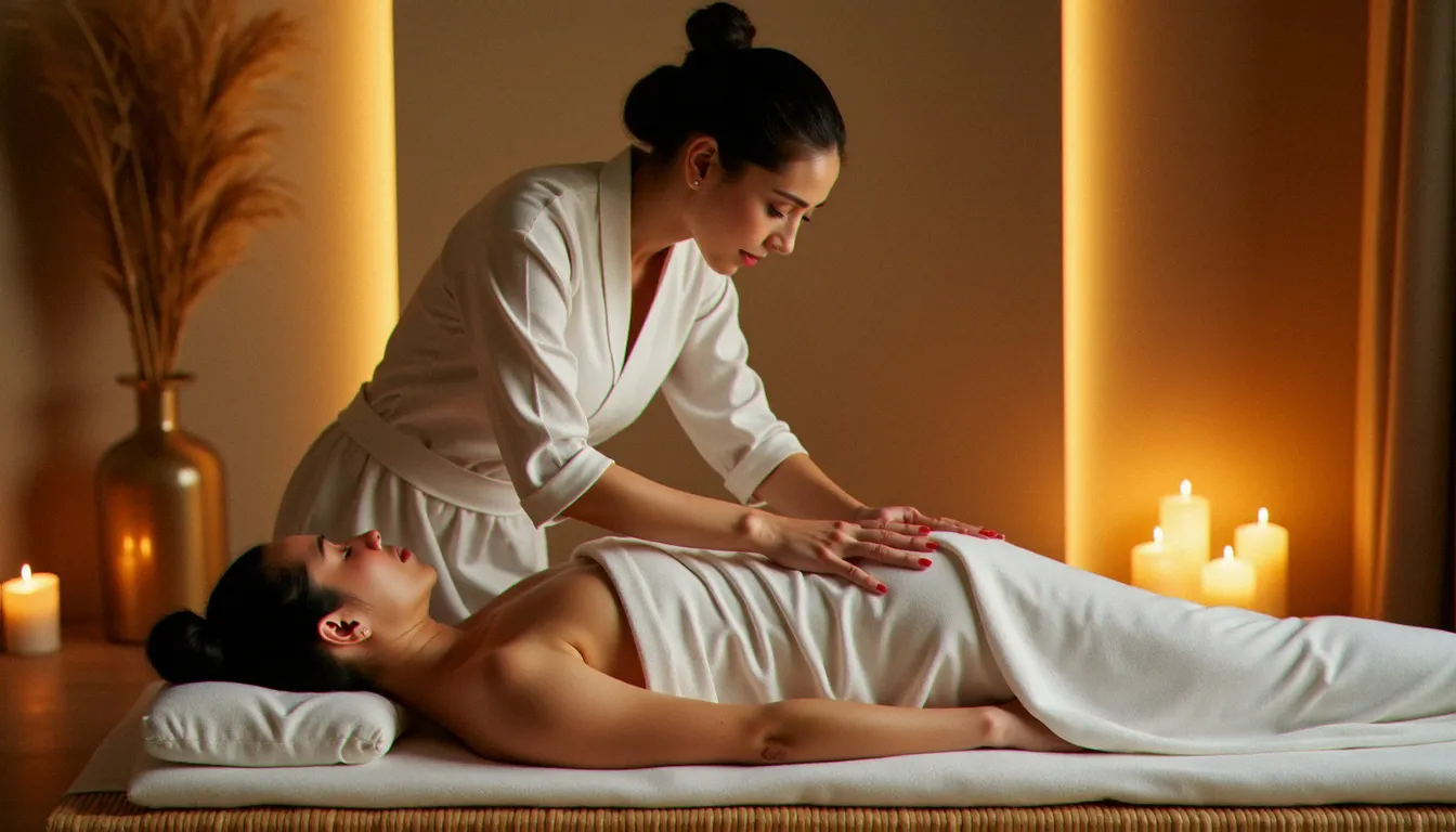 Praticienne réalisant un massage thaï sur une cliente allongée sur un futon, ambiance zen et lumière dorée, illustrant le massage thai à Lyon