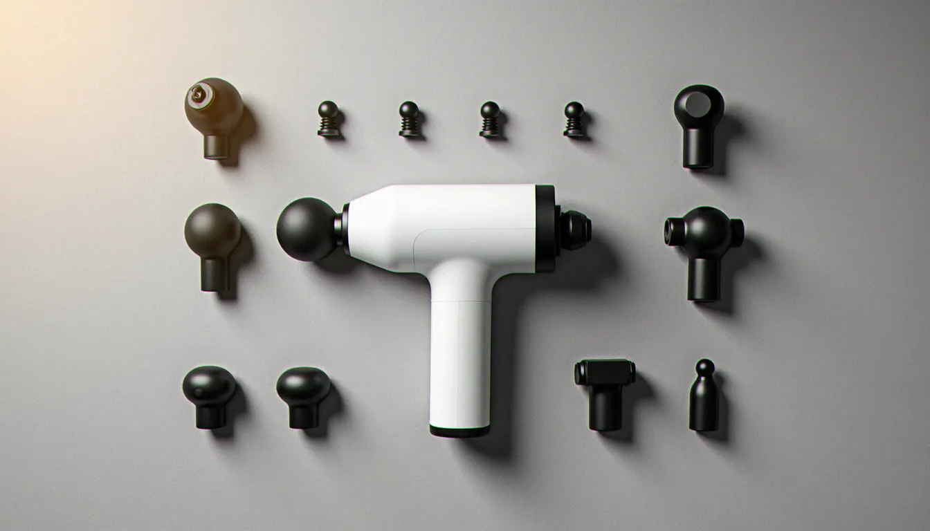 Pistolet de massage avec ses différentes têtes interchangeables disposées sur un tissu gris clair