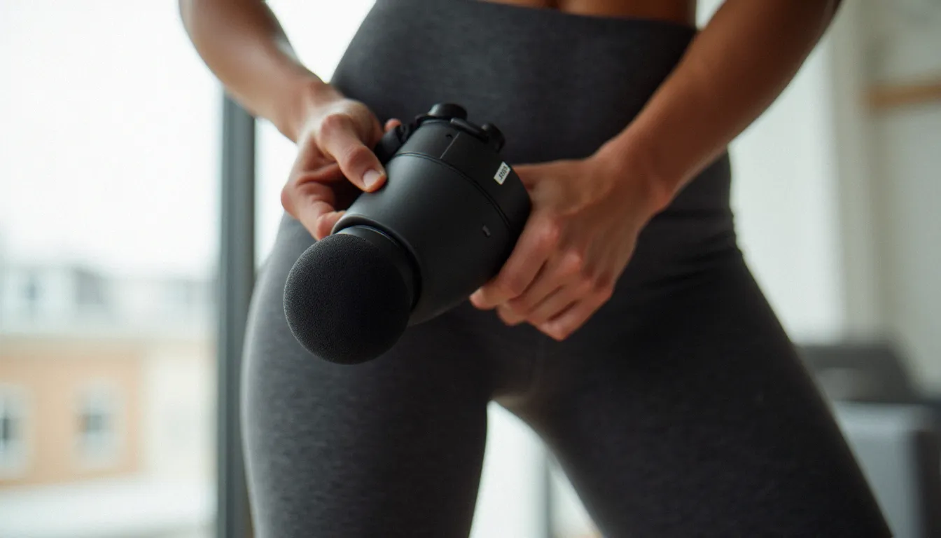 Personne utilisant un pistolet massage efficace sur la cuisse en pleine lumière naturelle