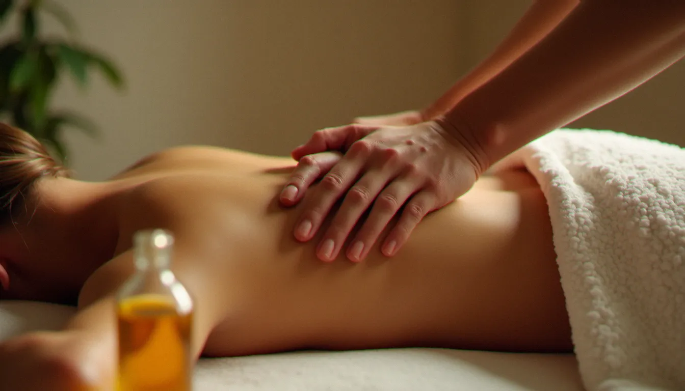 Mains du praticien posées à plat sur le dos d'un client, illustrant le contact enveloppant et sécurisant du massage californien