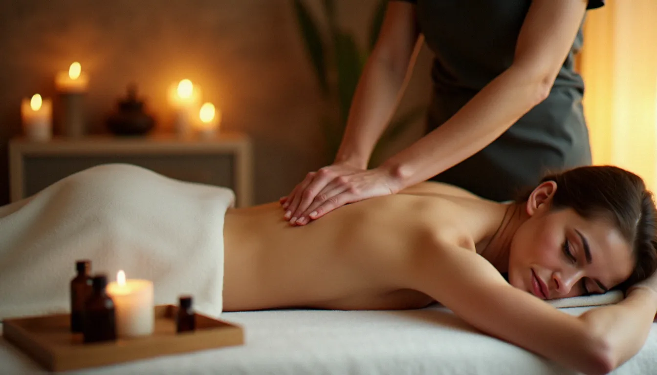 Praticienne réalisant un effleurage long sur le dos d'une cliente lors d'un massage californien dans un espace bien-être chaleureux