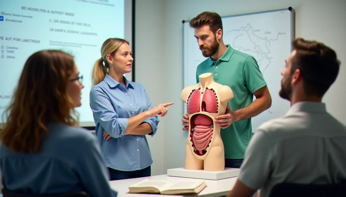 Formateur en premiers secours montrant la zone de compression thoracique sur un mannequin anatomique lors d'une session de formation au massage cardiaque