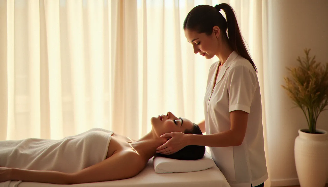 Praticienne réalisant un massage lymphatique doux sur le cou d'une cliente allongée sur une table de soin, dans un cabinet lumineux et apaisant
