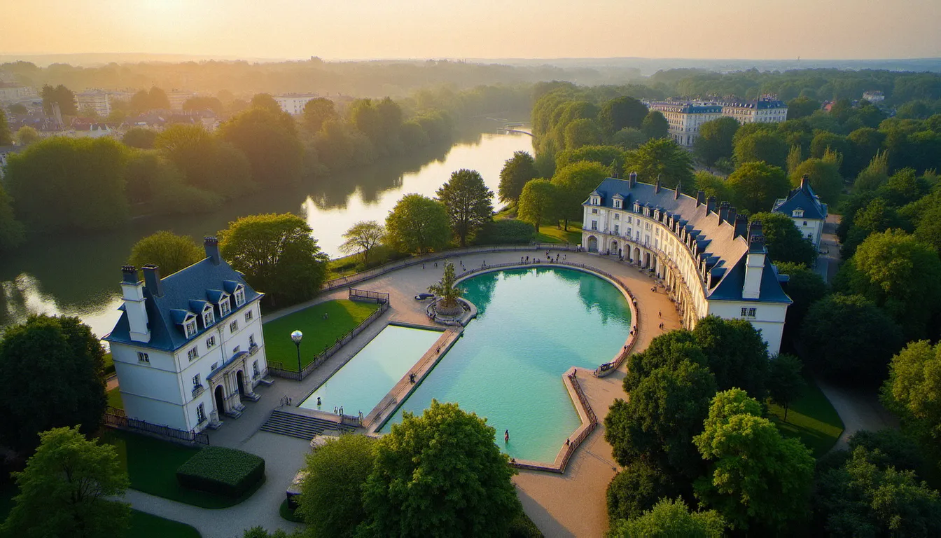 Vue aérienne du quartier thermal de Vichy avec ses établissements de soins historiques au bord de l'Allier