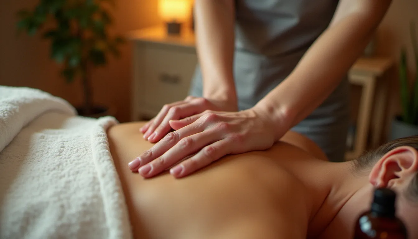 Gros plan de mains expertes pratiquant un massage sur le dos d'un client dans un cabinet bien-être professionnel