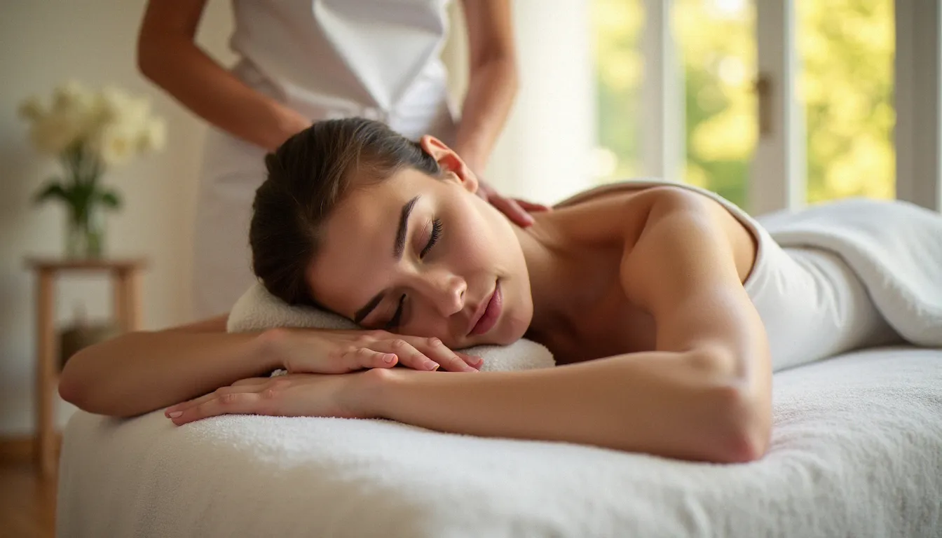 Femme allongée sur une table de massage dans un espace bien-être lumineux à Vichy, illustrant la seule formation massage locale