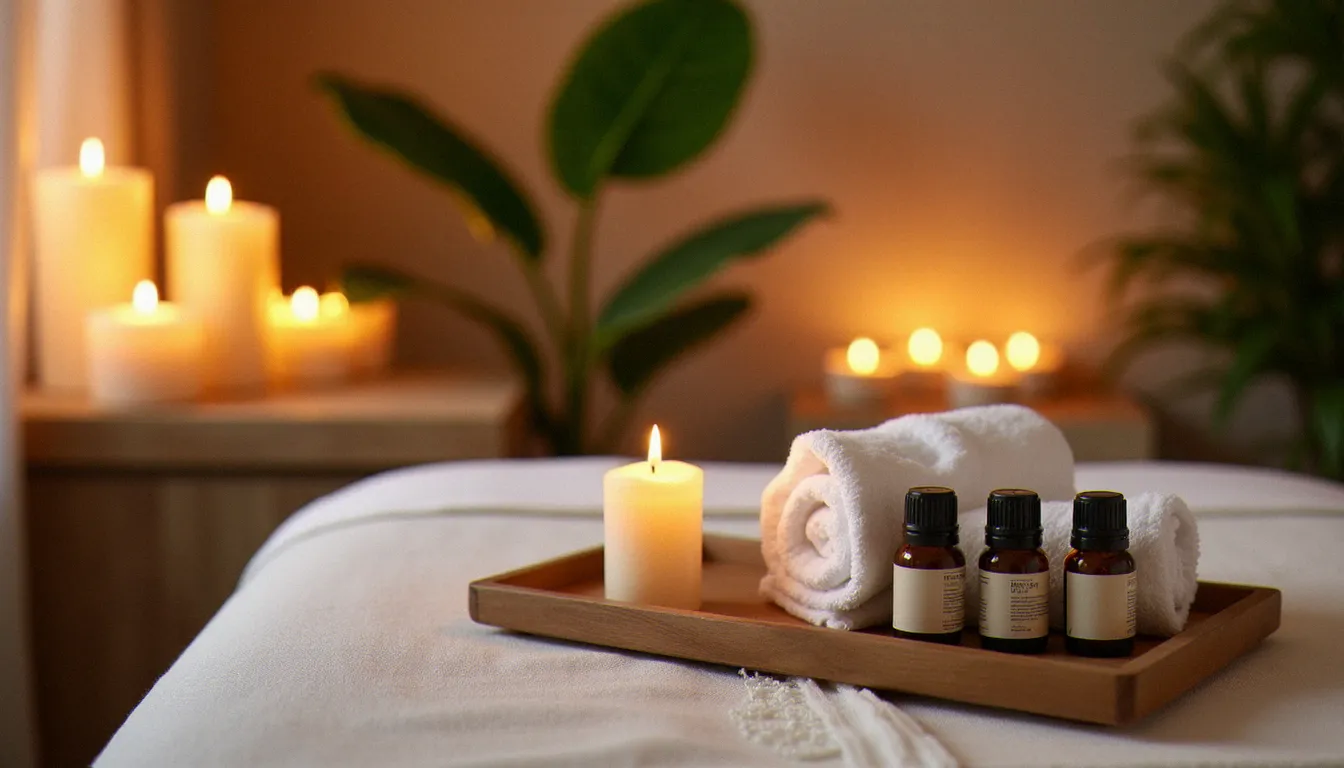 Salle de massage bien-être apaisante avec table professionnelle et huiles essentielles, idéale pour trouver un massage autour de moi à Vichy