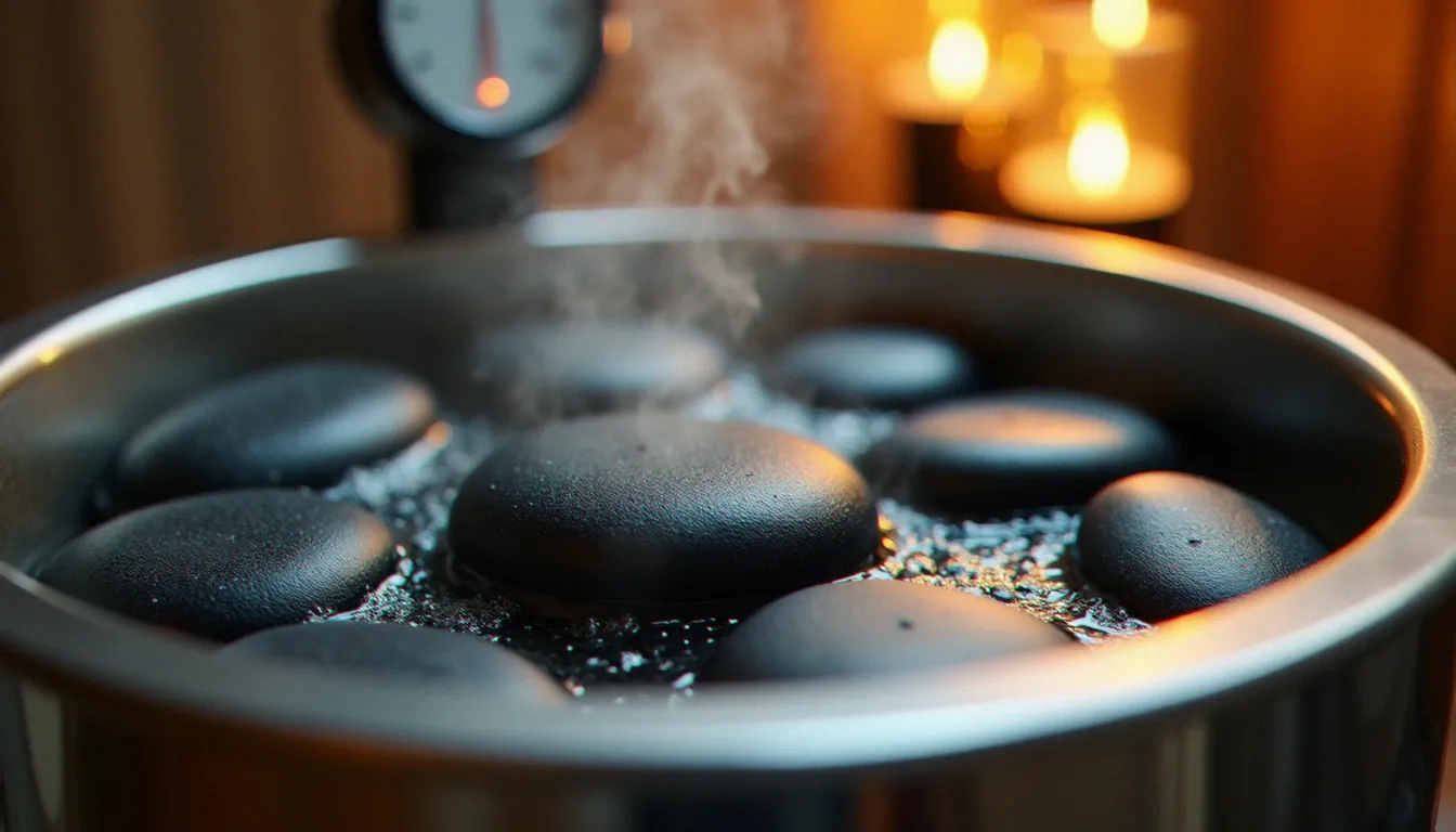 Pierres de basalte noires chauffées dans un bain thermostaté avant une séance de massage aux pierres chaudes