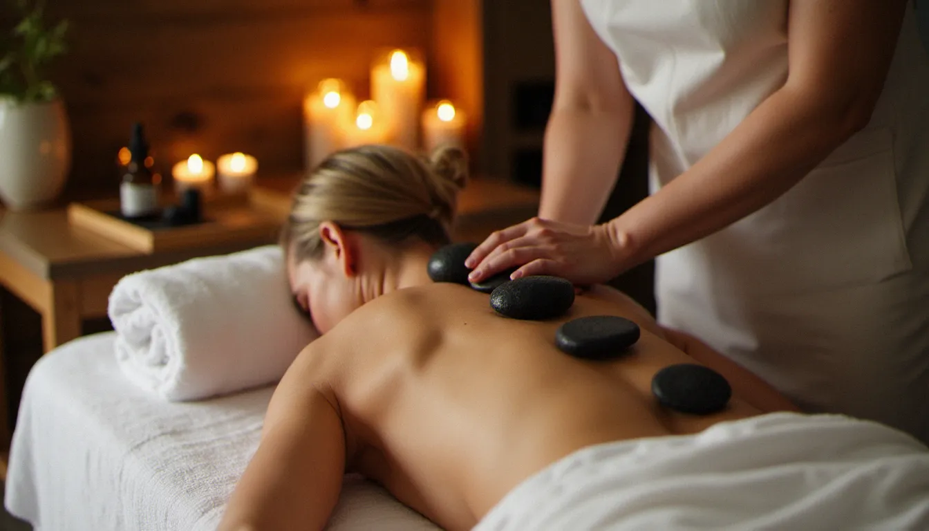 Praticienne posant des pierres de basalte chaudes le long de la colonne vertébrale d'une cliente lors d'un massage avec des pierres chaudes