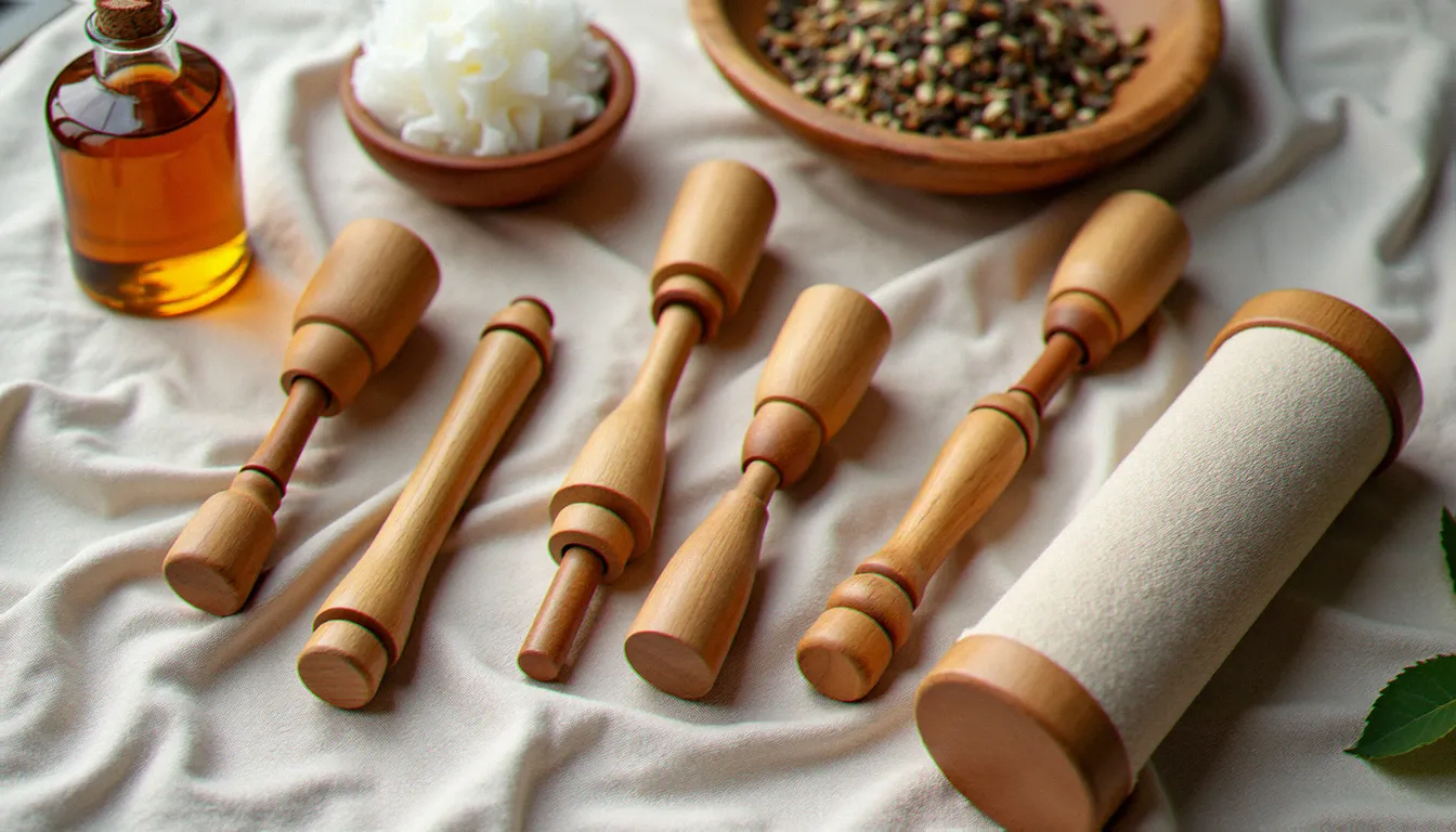 Collection de rouleaux en bois de différentes tailles disposés sur du lin naturel avec une huile de massage, illustrant les outils utilisés pour le massage avec rouleau bois