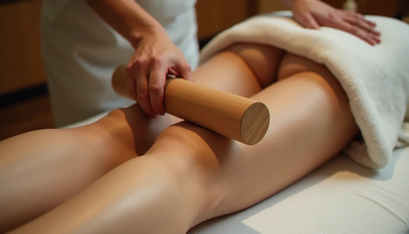 Praticienne utilisant un rouleau en bois lors d'un massage avec rouleau bois sur la cuisse d'une cliente allongée sur une table de massage blanche