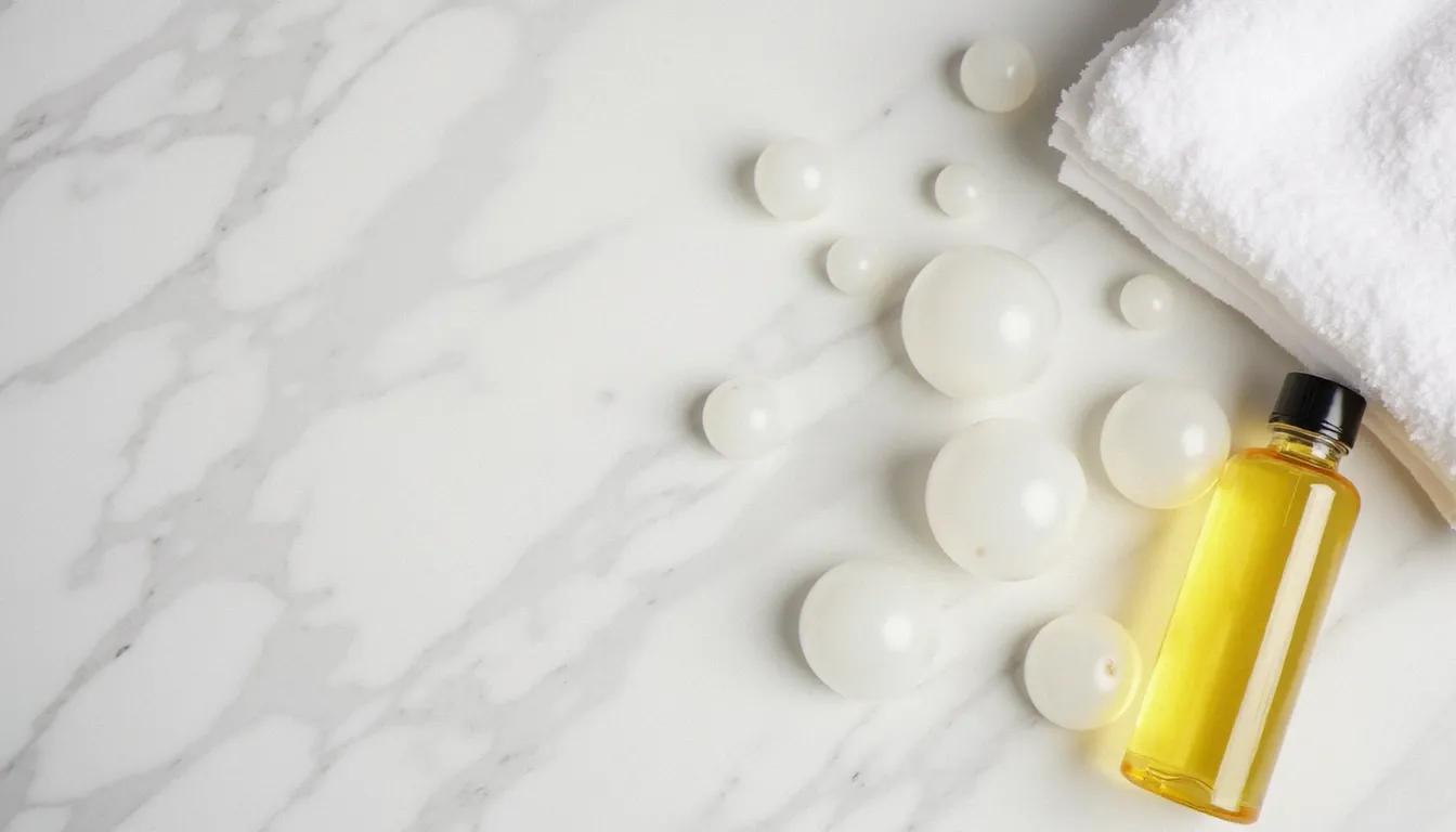 Ventouses en silicone de différentes tailles pour massage anti cellulite posées sur marbre blanc avec huile de massage