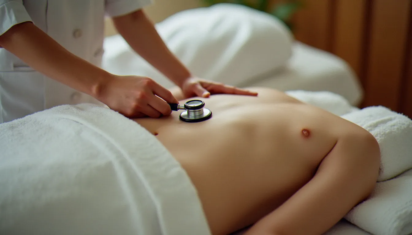Praticien utilisant un stéthoscope posé sur l'abdomen d'un client pendant une séance de massage biodynamique, pour écouter le péristaltisme psychique