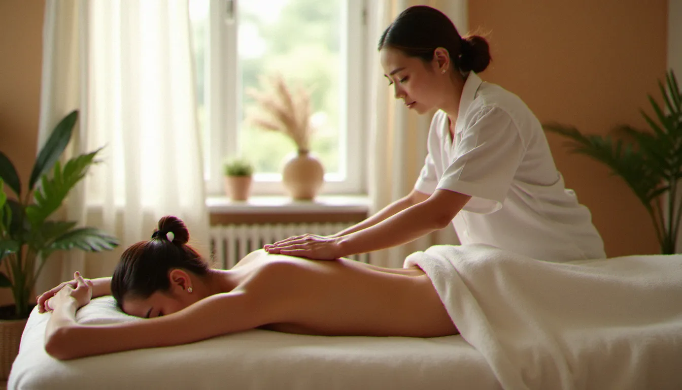Praticienne en massage biodynamique posant les mains avec douceur sur le dos d'une femme allongée, dans un espace bien-être lumineux et apaisant