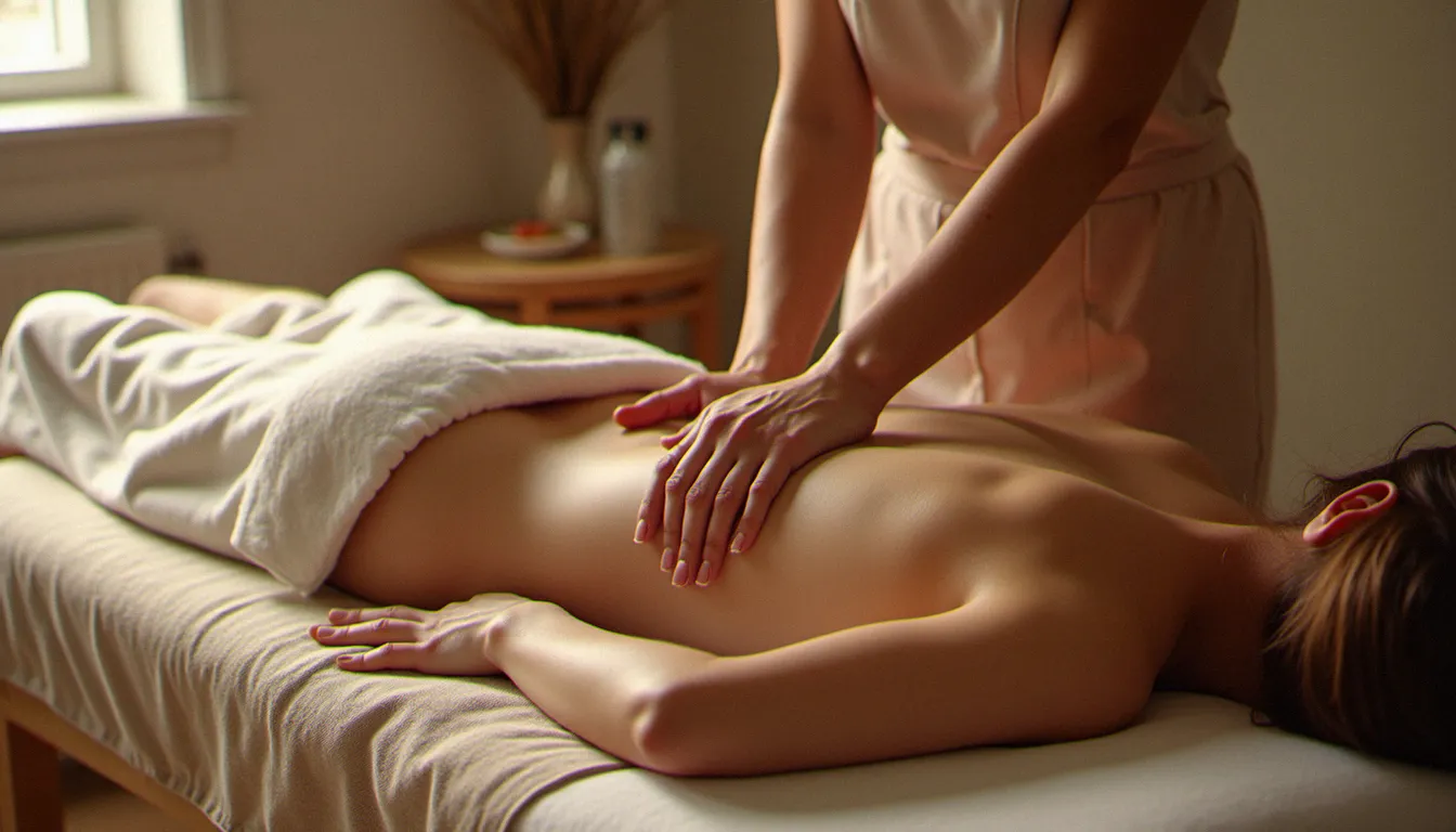 Main du praticien exerçant une pression douce et soutenue sur le bas du dos lors d'une séance de massage biodynamique