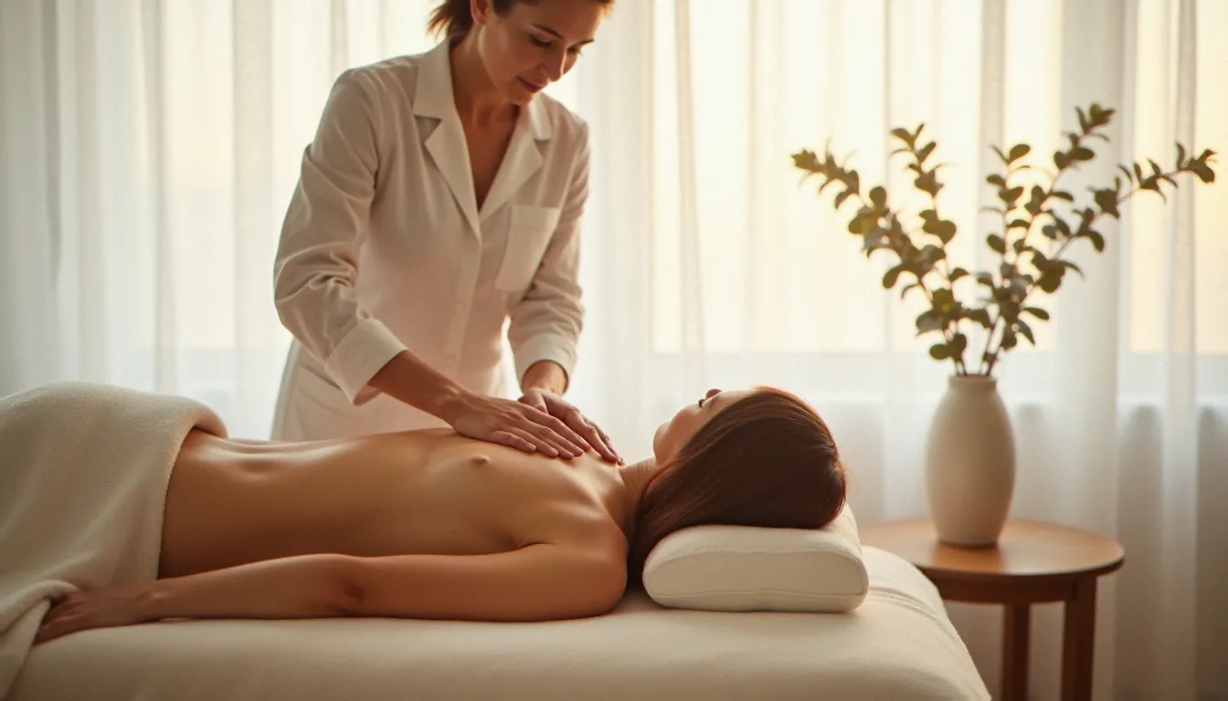 Femme allongée sur une table de soin recevant un massage biodynamique Montpellier, avant-bras du praticien posés doucement sur le thorax