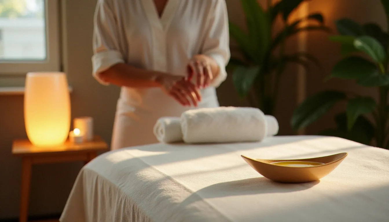 Salle de massage bien-être épurée avec table de massage professionnelle et éclairage tamisé, illustrant le meilleur massage à Boulogne-Billancourt