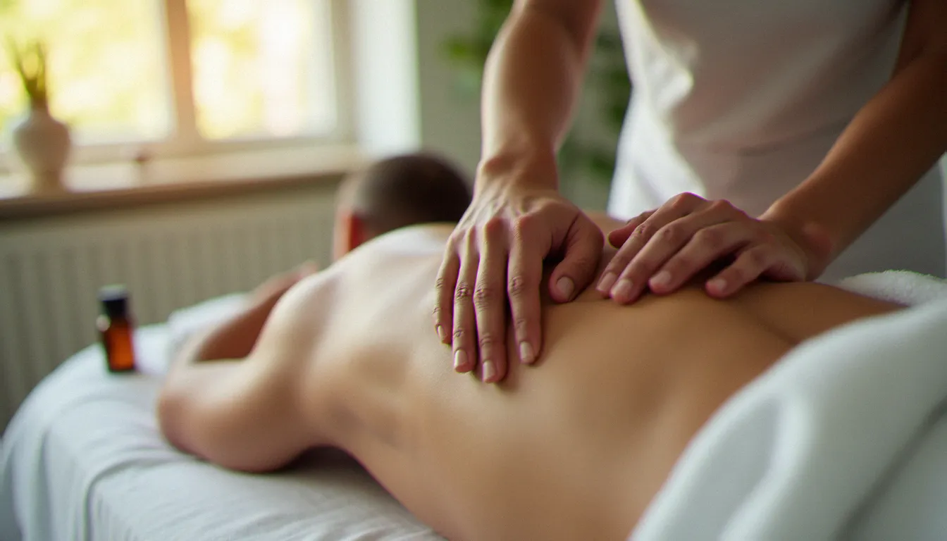 Gros plan des mains d'un praticien appliquant une pression profonde le long du dos d'une cliente lors d'un massage bien-être