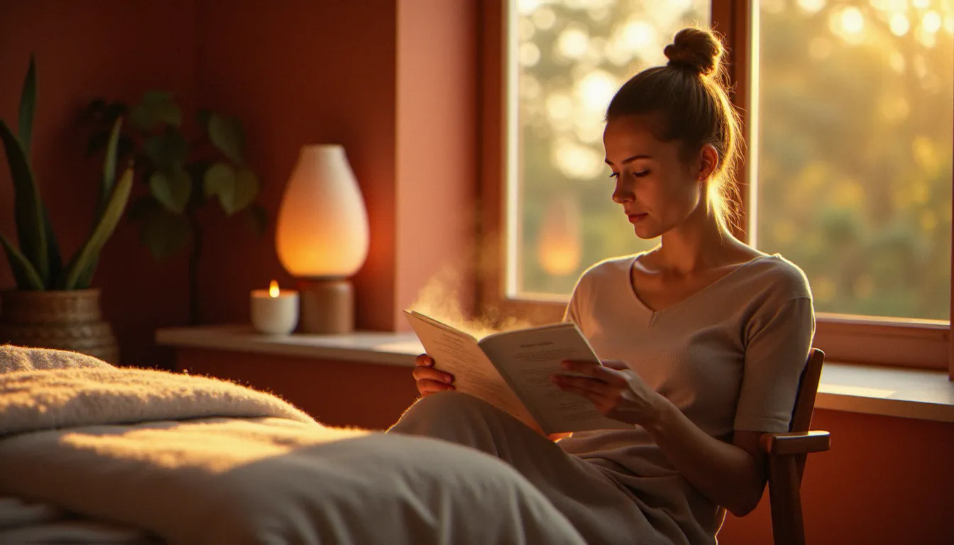 Femme sereine consultant une brochure dans un salon de bien-être chaleureux avant de choisir sa séance de massage