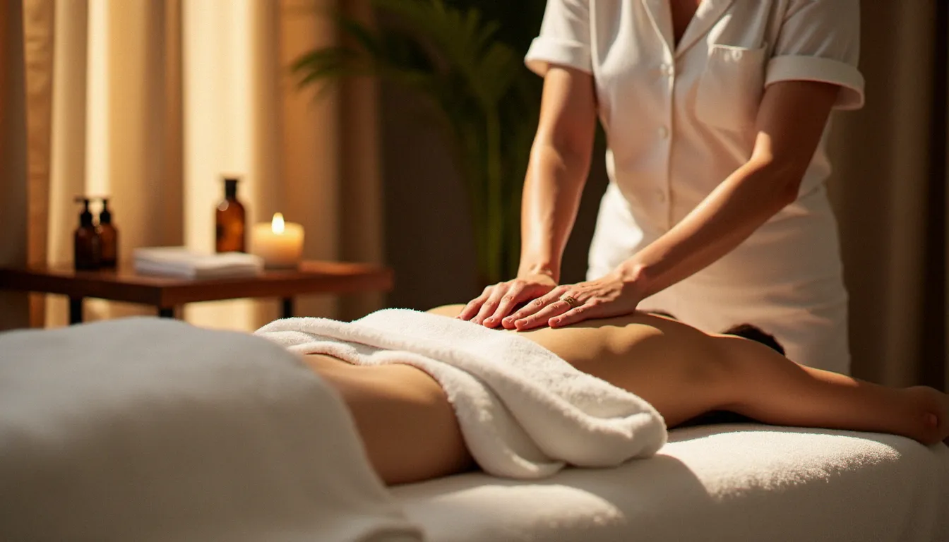 Séance de yakha massage dans un espace bien-être, praticienne posant les mains sur le dos d'une cliente allongée sur une table de massage blanche