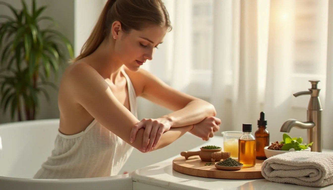 Femme appliquant une huile massage recette sur ses bras dans une salle de bain apaisante