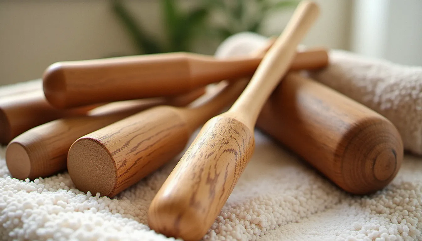 Collection of wooden massage tools on a towel.