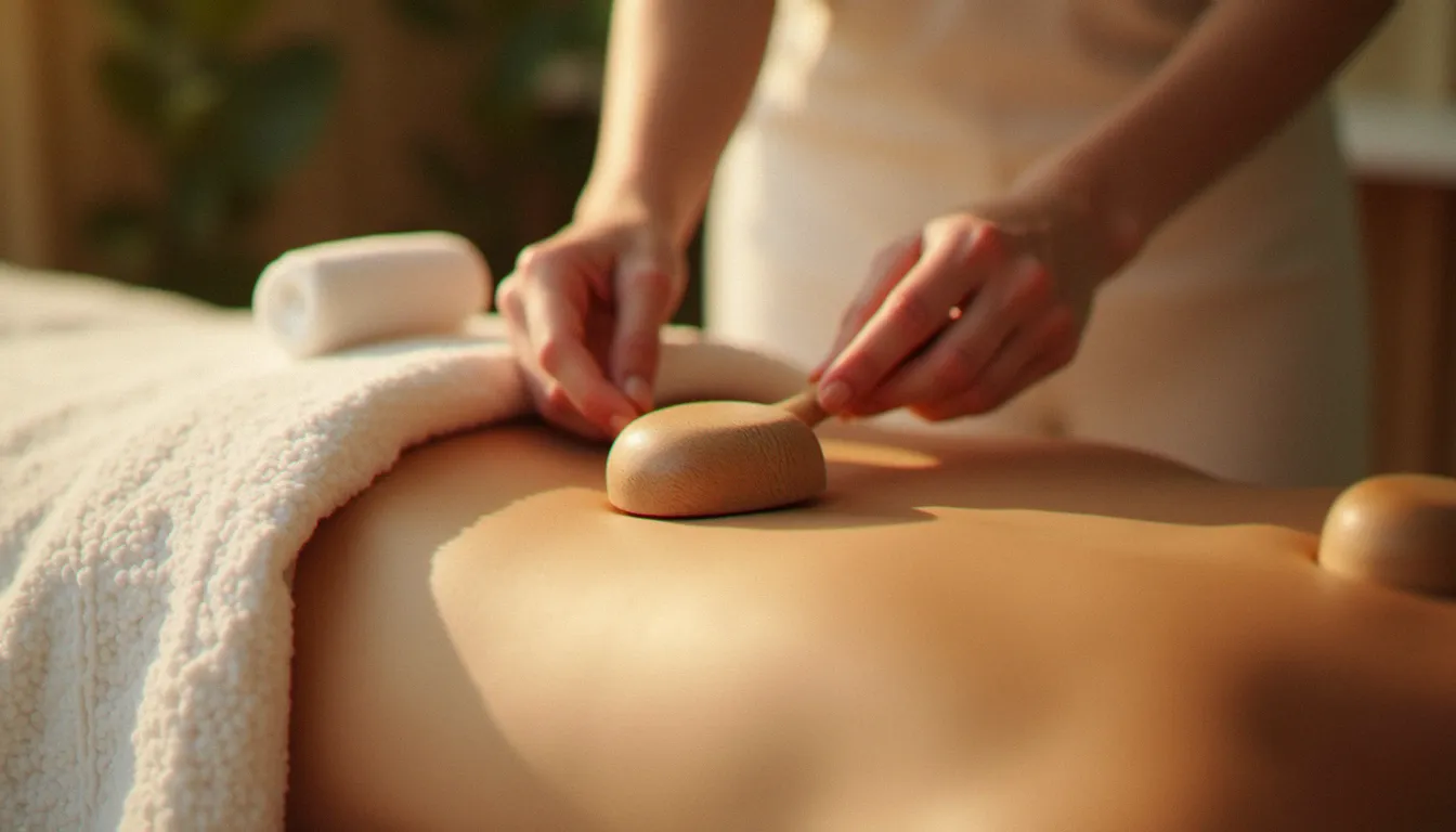 Therapist using wooden massage tools on a client's back in a spa setting.