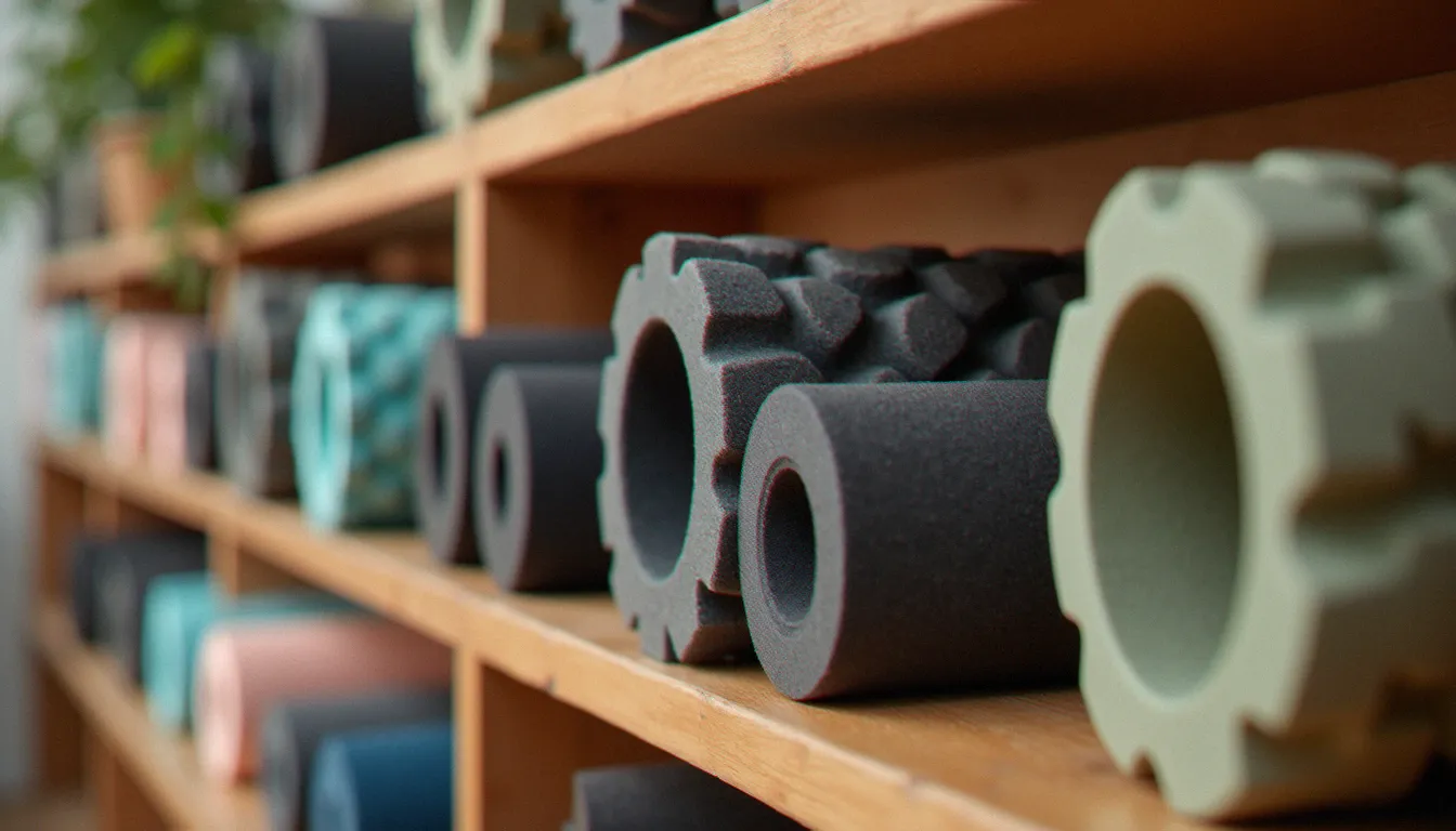 Sélection de rouleaux de massage de différentes densités sur une étagère en bois