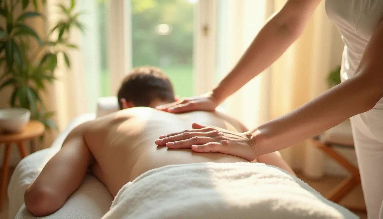 Praticienne réalisant un massage bio énergie en douceur sur une table de massage, dans un atelier apaisant baigné de lumière naturelle