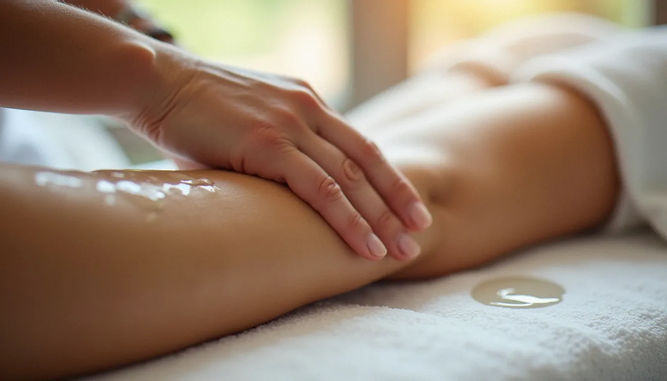 Mains d'un praticien effectuant des mouvements lents de massage biologique sur l'avant-bras d'une cliente