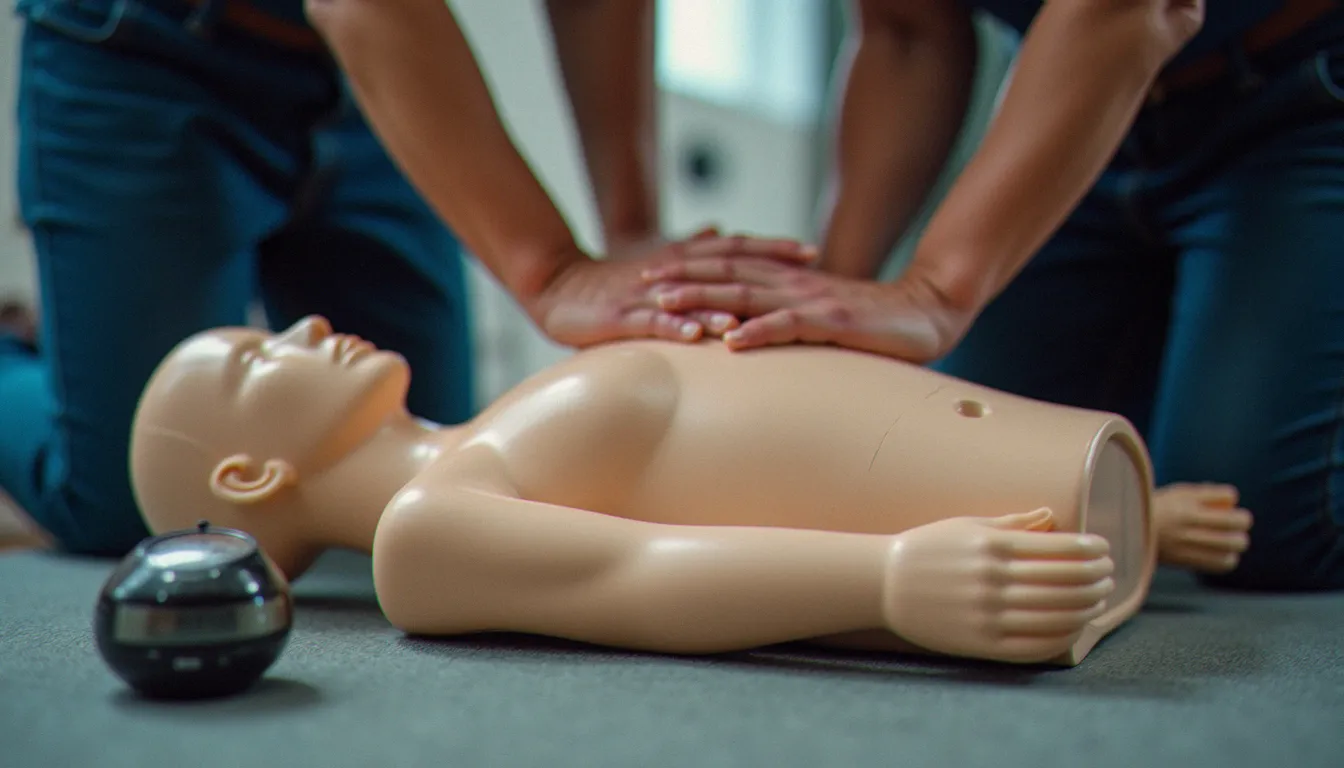 Alternance de deux secouristes lors de compressions thoraciques sur un mannequin d'entraînement, montre chronométrique visible
