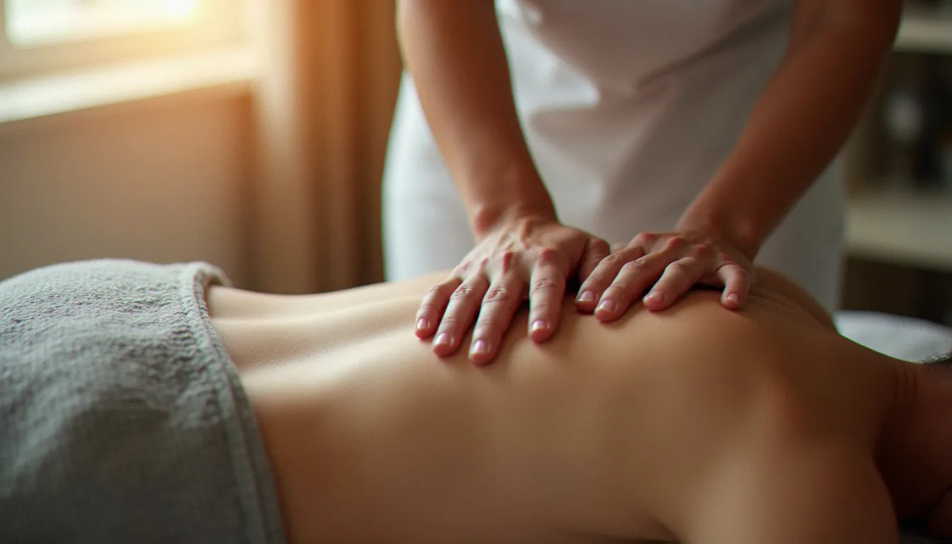 Mains d'un praticien effectuant un massage profond sur les épaules et le haut du dos d'un client, lumière naturelle
